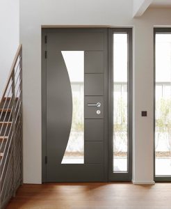 Discover a stylish Smarts aluminium front door featuring a unique curved glass panel. Enhance your home's curb appeal with contemporary design and natural light.